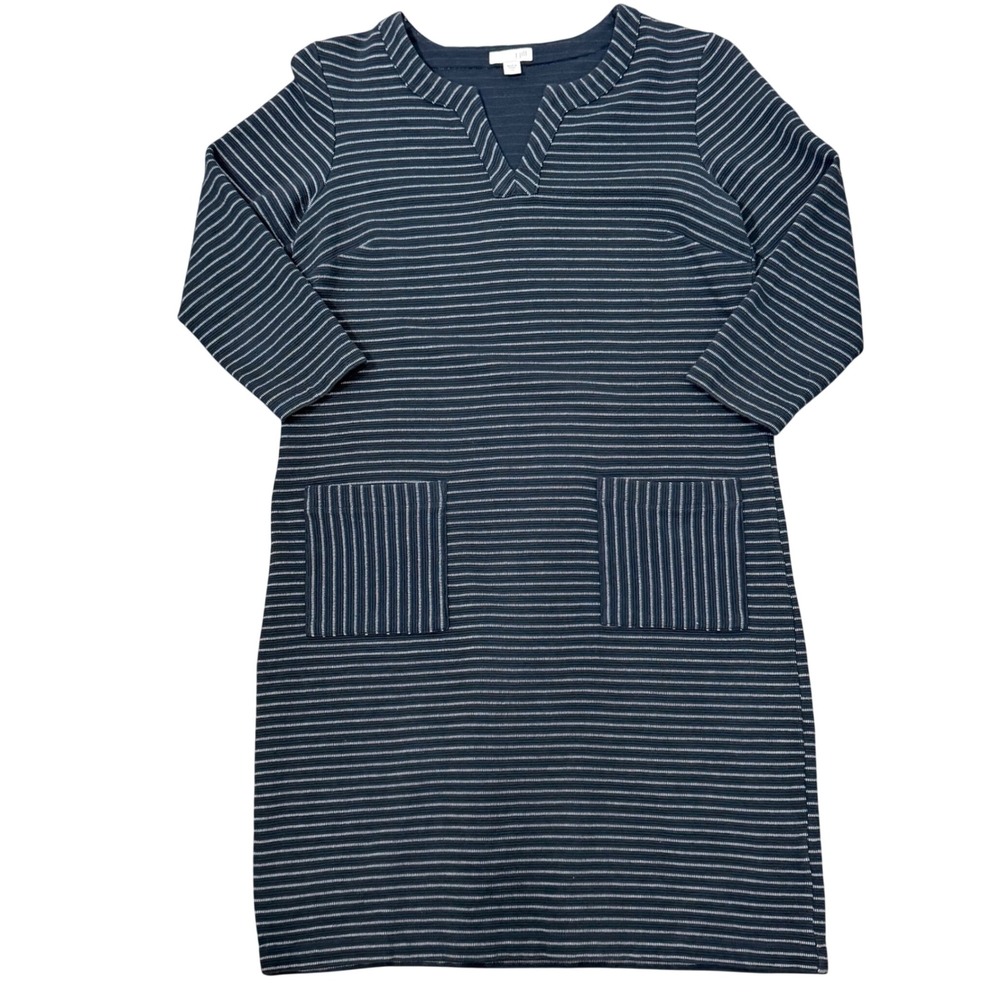 J.Jill Striped Ribbed Knit Tunic Dress (XS) Patch Pockets 3/4 Sleeve Relaxed Fit
